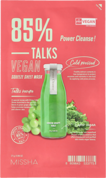 Missha Talks Vegan Squeeze maseczka w różowej saszetce z grafiką butelki soku z zielonych winogron i jarmużu.