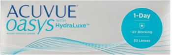 Opakowanie soczewek ACUVUE Oasys 1-Day HydraLuxe, białe, z niebieskimi detalami i tekstem 'UV Blocking, 30 Lenses', widok z przodu.