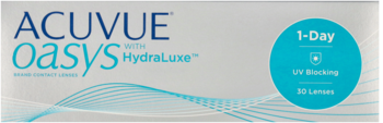 Białe pudełko soczewek ACUVUE Oasys 1-Day HydraLuxe z niebieskim logo, napisem UV Blocking i 30 Lenses.