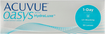 Opakowanie soczewek ACUVUE Oasys 1-Day z HydraLuxe, białe z turkusowym kółkiem i falistym wzorem.