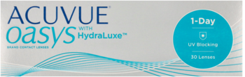 ACUVUE Oasys with HydraLuxe 1-Day contact lenses box, grey, with blue text and teal UV Blocking circle, 30 lenses.