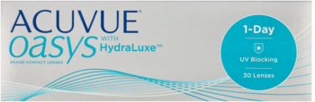 Białe pudełko soczewek ACUVUE Oasys 1-Day HydraLuxe UV Blocking, front, z turkusowymi detalami i falami.