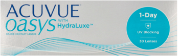 Białe opakowanie ACUVUE Oasys 1-Day with HydraLuxe, widok z przodu, z niebieskim kółkiem UV Blocking.
