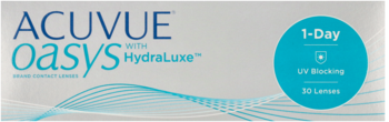 Białe opakowanie soczewek ACUVUE Oasys 1-Day HydraLuxe z ochroną UV, 30 sztuk. Widok z przodu.
