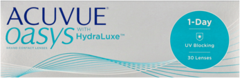 Opakowanie soczewek ACUVUE Oasys 1-Day HydraLuxe, białe z niebieskimi detalami, 30 soczewek, UV Blocking.