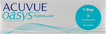 Opakowanie soczewek ACUVUE Oasys 1-Day HydraLuxe, białe z niebieskimi detalami, 30 soczewek, UV Blocking.