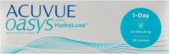Białe opakowanie soczewek ACUVUE Oasys 1-Day HydraLuxe z niebieskimi napisami i kółkiem 1-Day, widok przodem.