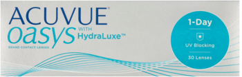 Białe pudełko jednodniowych soczewek ACUVUE Oasys 1-Day HydraLuxe. Niebieski napis, okrąg z 30 soczewkami i UV Blocking.