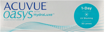 Opakowanie ACUVUE Oasys 1-Day soczewek kontaktowych HydraLuxe, biało-niebieskie, widok z przodu, z napisem 30 Lenses.