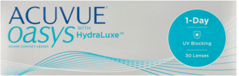Białe pudełko soczewek ACUVUE Oasys 1-Day z HydraLuxe, z napisem UV Blocking i 30 sztuk, widok z przodu.