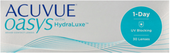 Pudełko białych soczewek ACUVUE Oasys 1-Day HydraLuxe, z niebieskim kółkiem informującym o UV Blocking i 30 sztukach.