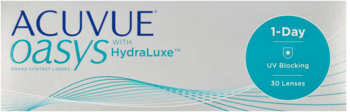 Białe opakowanie soczewek ACUVUE Oasys 1-Day HydraLuxe. Widok z przodu, z napisem UV Blocking i 30 Lenses.