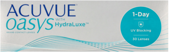 Pudełko soczewek ACUVUE Oasys 1-Day HydraLuxe, białe, z niebieskimi falami i napisem 30 Lenses.