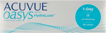 Białe opakowanie soczewek ACUVUE Oasys 1-Day HydraLuxe UV Blocking, z turkusowym kółkiem, 30 sztuk, widok z przodu.