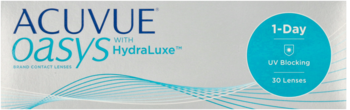 Białe pudełko soczewek ACUVUE Oasys 1-Day z HydraLuxe, z niebieskimi napisami, UV Blocking, 30 szt.