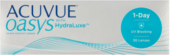 Front biało-niebieskiego pudełka soczewek Acuvue Oasys 1-Day HydraLuxe. Widoczne logo, fale, informacja o 30 szt.