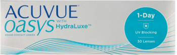 Białe pudełko soczewek kontaktowych ACUVUE Oasys 1-Day HydraLuxe, widok z przodu, niebieskie detale UV Blocking.