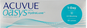 Białe pudełko soczewek ACUVUE Oasys 1-Day HydraLuxe, niebieskie detale, UV Blocking, 30 sztuk.