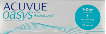 Białe opakowanie soczewek ACUVUE Oasys 1-Day HydraLuxe z niebieskimi detalami, widok z przodu, napis 1-Day, 30 soczewek.
