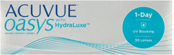 Opakowanie ACUVUE Oasys 1-Day HydraLuxe soczewek kontaktowych, białe z niebieskimi napisami i okręgiem.