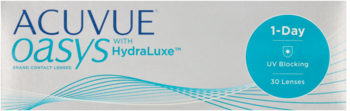 Białe opakowanie soczewek ACUVUE Oasys 1-Day HydraLuxe, z niebieskim logo i turkusowym kółkiem 1-Day UV Blocking, widok z przodu.