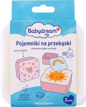 Babydream Pojemniki na przekąski, 3 szt., jasnoniebieskie opakowanie. Widoczne różowe i pastelowe pojemniki z sercami, tęczą, słońcem.
