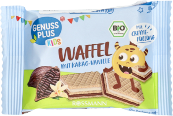 Opakowanie wafli Genuss Plus Kids Kakao-Wanilia, niebieskie, z ilustracją wafelków i kreskówkowego potworka.