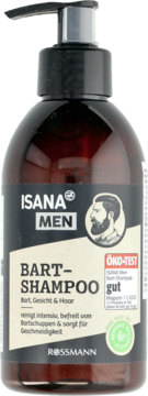 Isana Men szampon do brody w brązowej butelce z pompką, etykieta z brodatym mężczyzną, widok z przodu.