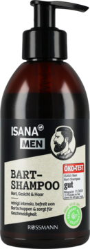 Isana Men Bart-Shampoo do brody, twarzy i włosów, w brązowej butelce z pompką, etykieta ÖKO-TEST, widok z przodu.