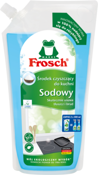 Frosch Sodowy środek do kuchni w ekologicznym, niebiesko-zielonym worku, 100% recyklingu, widok z przodu.