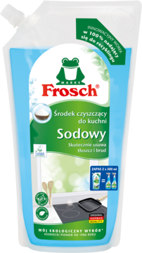 Frosch Sodowy środek do kuchni w ekologicznym, niebiesko-zielonym worku, 100% recyklingu, widok z przodu.