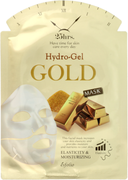 Esfolio 25hrs Hydro-Gel GOLD maska w złotym opakowaniu z grafiką maski i sztabek złota, widok z przodu.