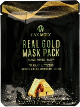 PAX MOLY Real Gold Mask Pack, czarna saszetka ze złotymi wzorami i sztabkami, nawilżająca maska do twarzy.