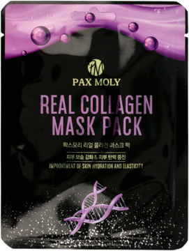 Pax Moly Real Collagen Mask Pack, czarna saszetka z fioletowym wzorem, poprawia nawilżenie i elastyczność skóry.