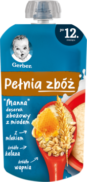 Niebieska saszetka Gerber Manna Pełnia Zbóż, deserek zbożowy z miodem dla dzieci po 12. miesiącu, z łyżką zbóż.