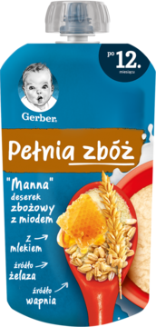 Niebieska saszetka Gerber Manna Pełnia Zbóż, deserek zbożowy z miodem dla dzieci po 12. miesiącu, z łyżką zbóż.