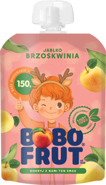 Bobo Frut Jabłko Brzoskwinia mus w różowej tubce 150g, postać dziecka z rogami, owoce, widok przód.