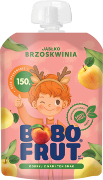 Bobo Frut Jabłko Brzoskwinia mus w różowej tubce 150g, postać dziecka z rogami, owoce, widok przód.