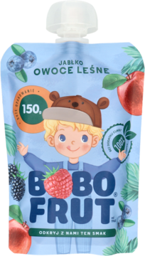 Niebieski mus Bobo Frut jabłko-owoce leśne w saszetce, z wizerunkiem chłopca i owoców, widok z przodu.