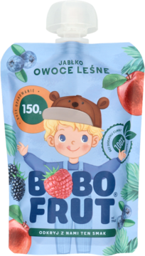 Niebieski mus Bobo Frut jabłko-owoce leśne w saszetce, z wizerunkiem chłopca i owoców, widok z przodu.