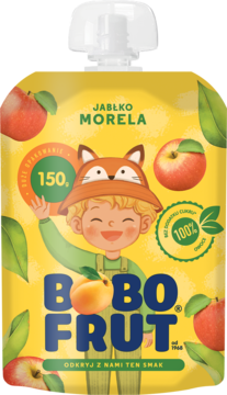 Żółta saszetka Bobo Frut Jabłko Morela z uśmiechniętym dzieckiem i owocami, widok z przodu, 150g.