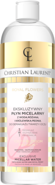 Christian Laurent Royal Flowers Exclusive Micellar Water w przezroczystej butelce, biała nakrętka, złota etykieta z różą.