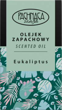 Pachnąca Szafa olejek zapachowy Eukaliptus, zielone opakowanie z pastelowymi liśćmi, widok z przodu.