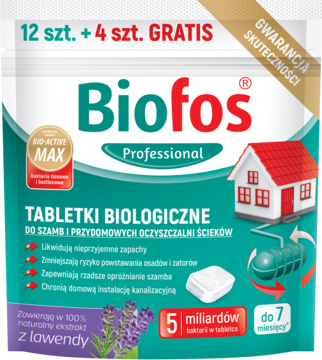 Biofos Professional tabletki do szamb 12+4 GRATIS, zielone opakowanie z lawendą, widok z przodu.