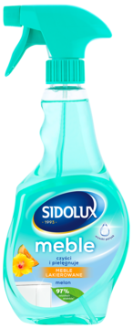 Turkusowy spray Sidolux Meble lakierowane, butelka z pistoletem. Na etykiecie napis "melon" i obrazek owocu.