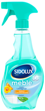 Turkusowy spray Sidolux Meble lakierowane, butelka z pistoletem. Na etykiecie napis "melon" i obrazek owocu.