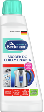 Dr. Beckmann ŚRODEK DO ODKAMIENIANIA, biała butelka z miętową nakrętką, widok z przodu, grafika czajnika i żelazka.
