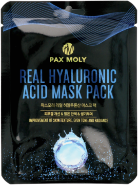 Maska Pax Moly Real Hyaluronic Acid w czarnej saszetce z niebieskimi falami i kroplą wody, widok z przodu.