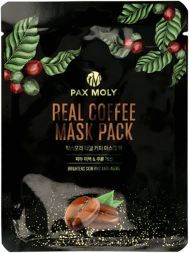 Pax Moly Real Coffee Mask Pack, czarna saszetka z kawą, złoty napis, poprawa blasku, ujęcie z przodu.