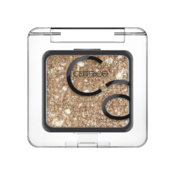 Catrice Art Couleurs Eyeshadow, brokatowy cień do powiek w odcieniu brązowo-złotym, w otwartym, przezroczystym opakowaniu.